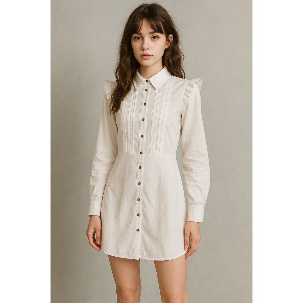 Free People White Pintuck Ruffle‎ Sleeve Shirt Dress Medium Coquette Preppy Twee